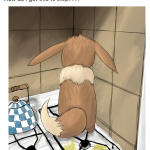 A Facebook post of an Eevee peeing on a stovetop, the caption reads "how do I get this to stop???" And it's written by Penny from S/V